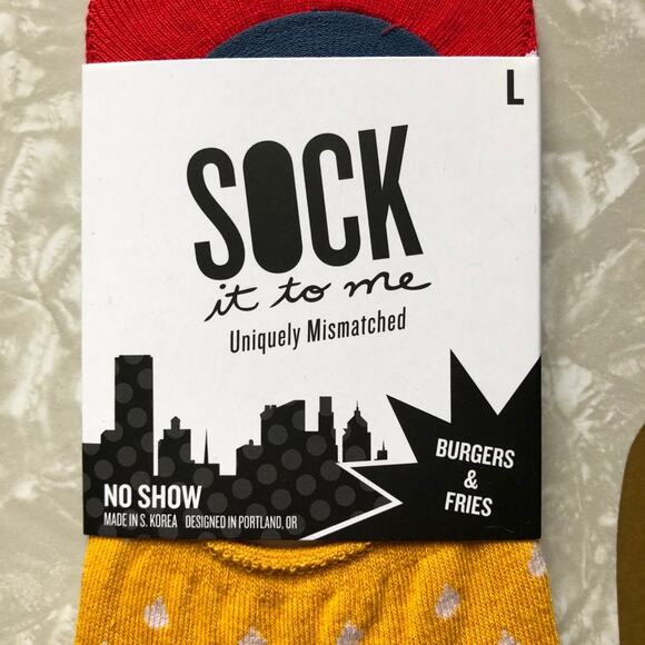 Sock It To Me Red Blue Food Hamburger Fries Uniquely Mismatched No Show Socks - Picture 2 of 4